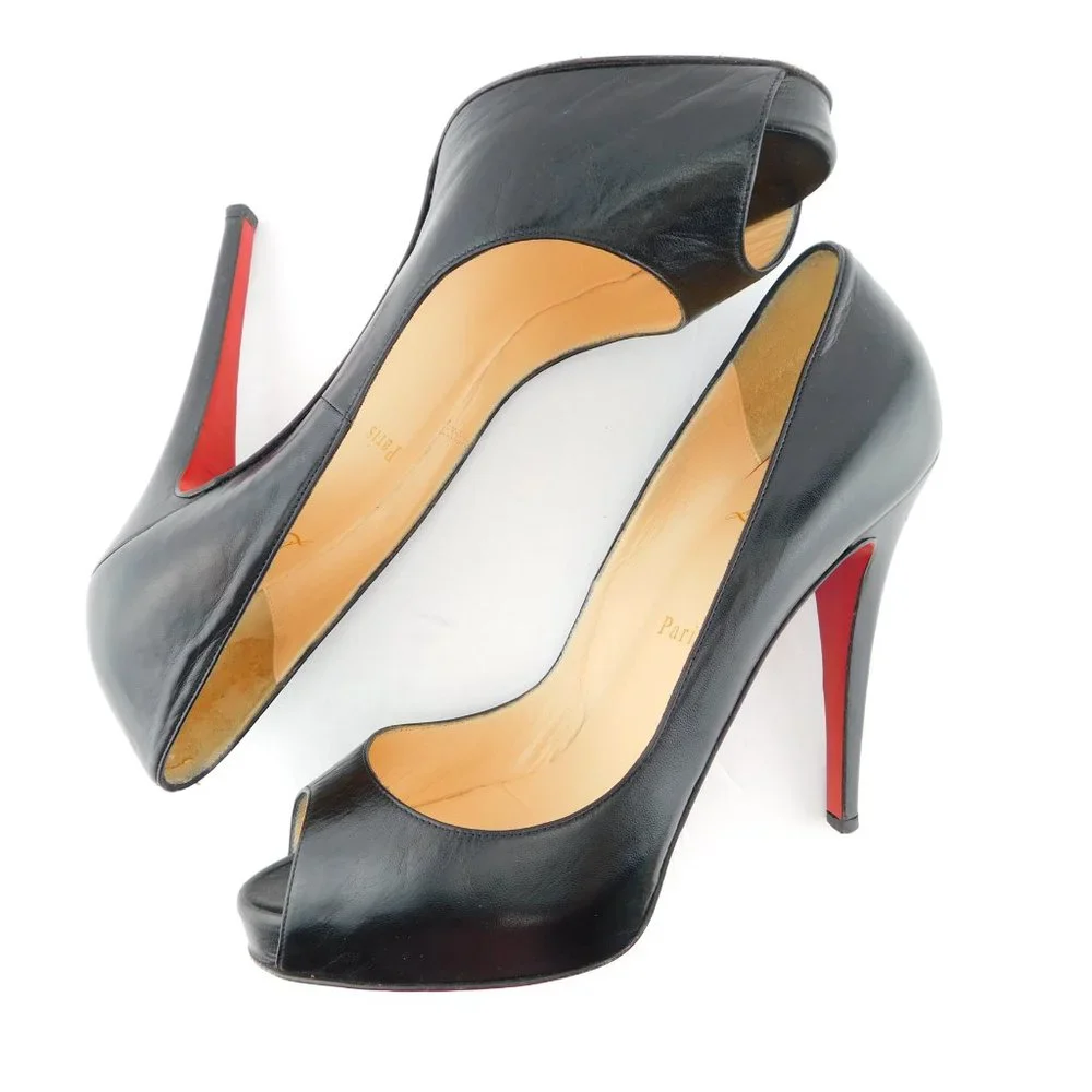 CHRISTIAN LOUBOUTIN Black Leather Peep Toe Platform Heel Pumps 38.5